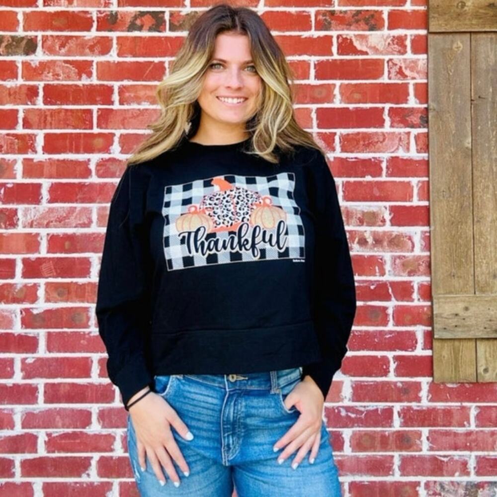 Grace‎ & Emma Thankful Pumpkin Gingham Black White Fall Boutique Graphic Top LG